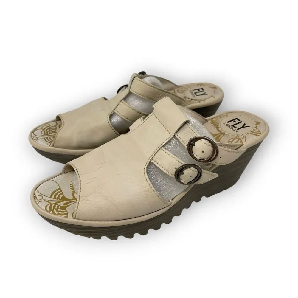 Fly London Slip On Open Toe Leather Wedge Sandals Women’s Size UK 40 US 9